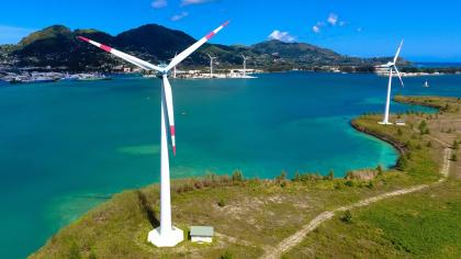 A wind power plant on Seychelles’ Mahe Island in the Indian Ocean off East Africa.