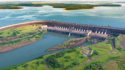 Aerial view of the Itaipu Hydroelectric Dam on the Parana River.